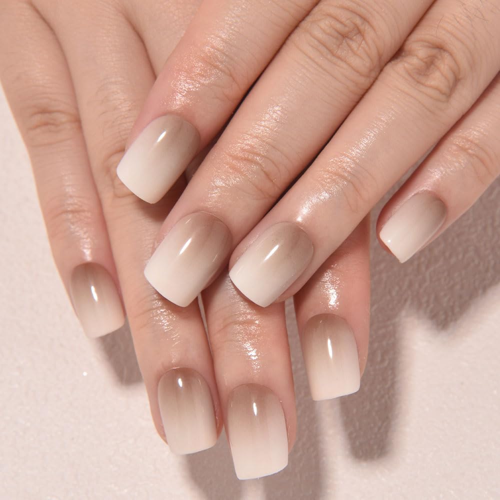 evpct Coffee Cream White Ombre Press on Nails Short Square, Short Square Glossy Stick on Nails for Women Gift with Manicure Kit, Reusable Soft Stick on Acrylic Fake Nail Press ons with Ombre Designs