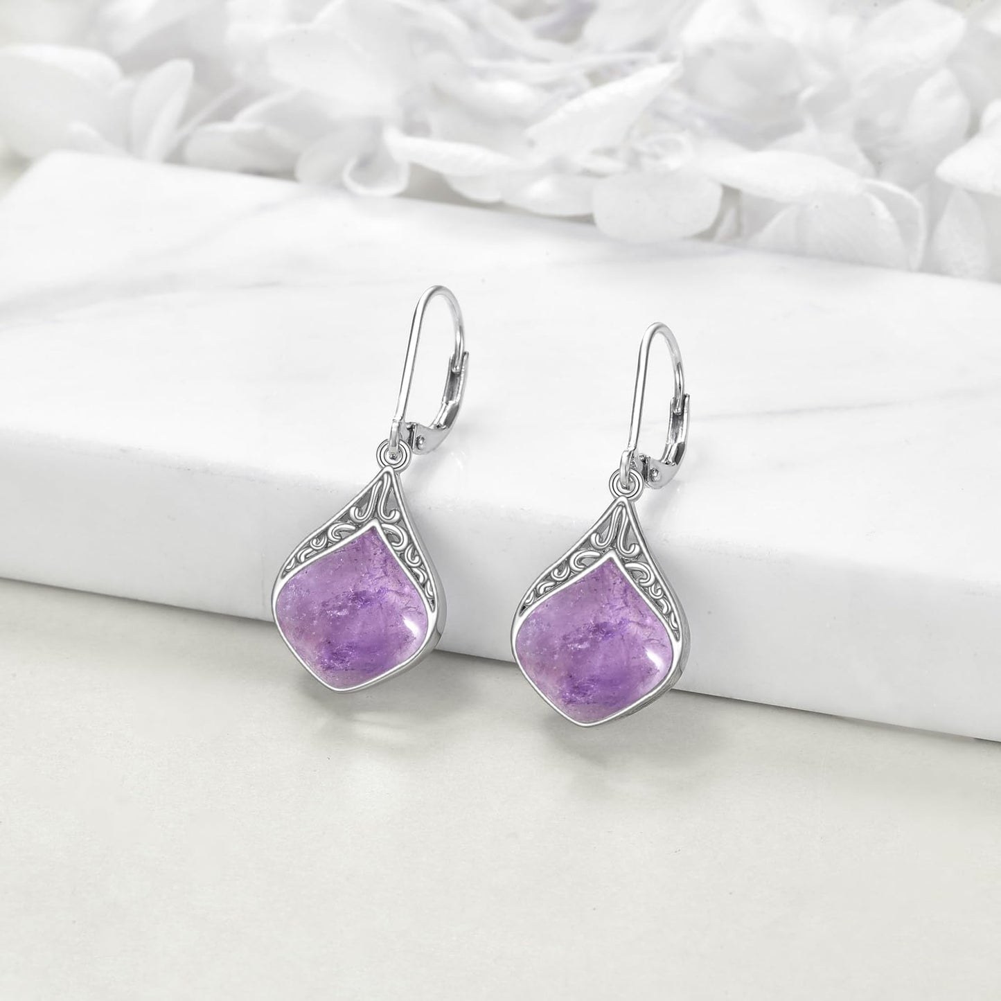 Agate Earrings Sterling Silver Filigree Teardrop Drop Earrings Purple Agate Leverback Earrings Dangles Jewelry Gifts For Women