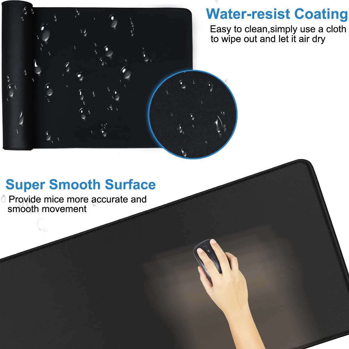 Large Gaming Mouse pad, 31.5x15.7 in Extended Desk Pad with Stitched Edges, Premium Microfiber Cloth Surface Waterproof Non-Slip Stable Rubber Base Keyboard Mat for Office Home Gaming, Black