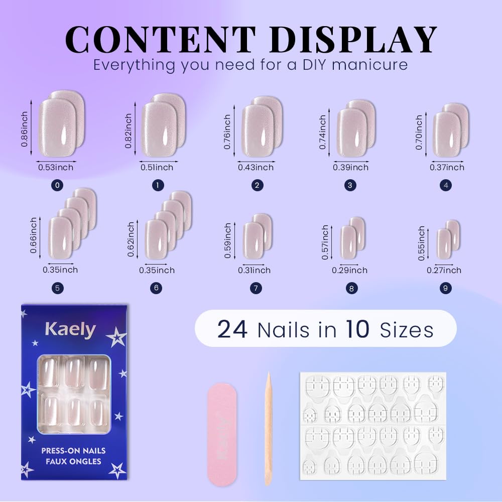 evpct Pearl Cat Eye Press on Nails Square Medium for Women, Pearl White Medium Square No Glue Stick on Nails with Cat Eye Design, Holographic Glossy Soft Nail, Reusable Press on Acrylic Fake Nail