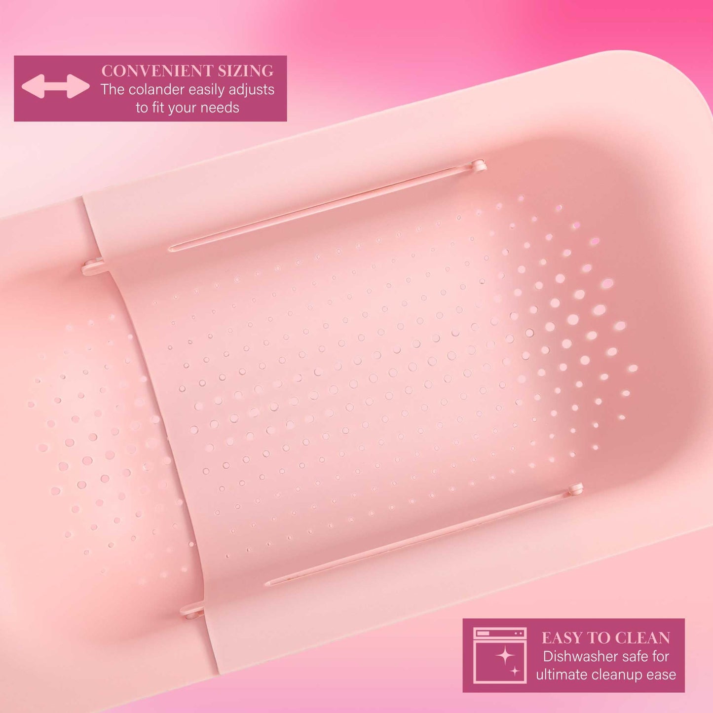 Paris Hilton Over the Sink Expandable Colander, Extendable Strainer, Adjustable from 14.5 inches to 19.5 inches, Fits most kitchen sinks, Made without BPA, Pink
