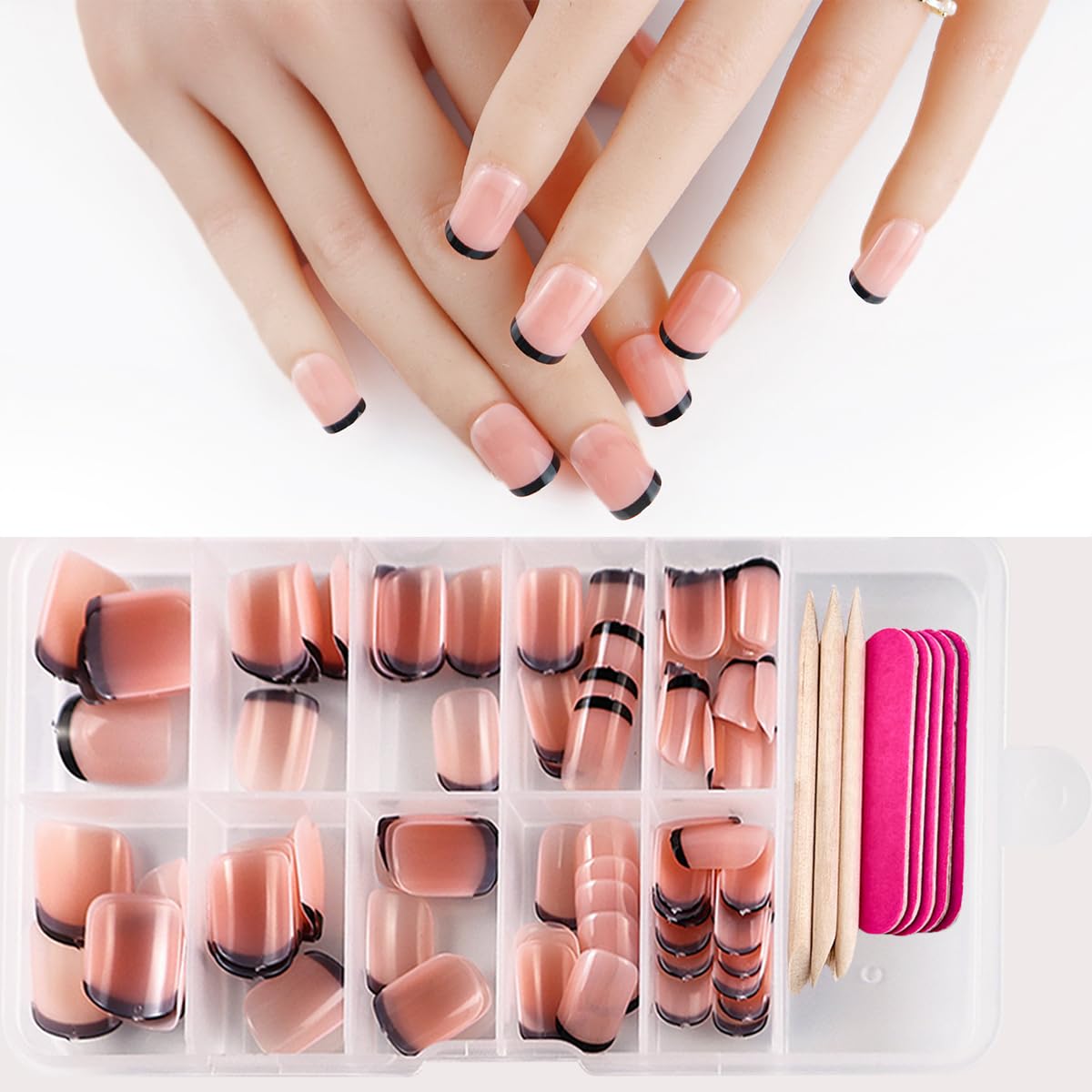 120 Pcs French Tip Press on Nails Short Square Fake Nails Black French Tip False Nails Full Cover Acrylic Glue on Nail Nude Pink Artificial Stick on Nail for Women Manicure