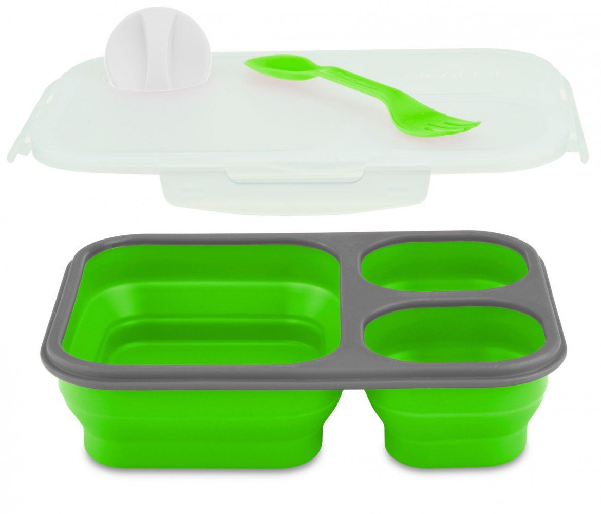 Smart Planet EC-34 Large 3-Compartment Eco Silicone Collapsible Meak Kit Lunch Box, Green