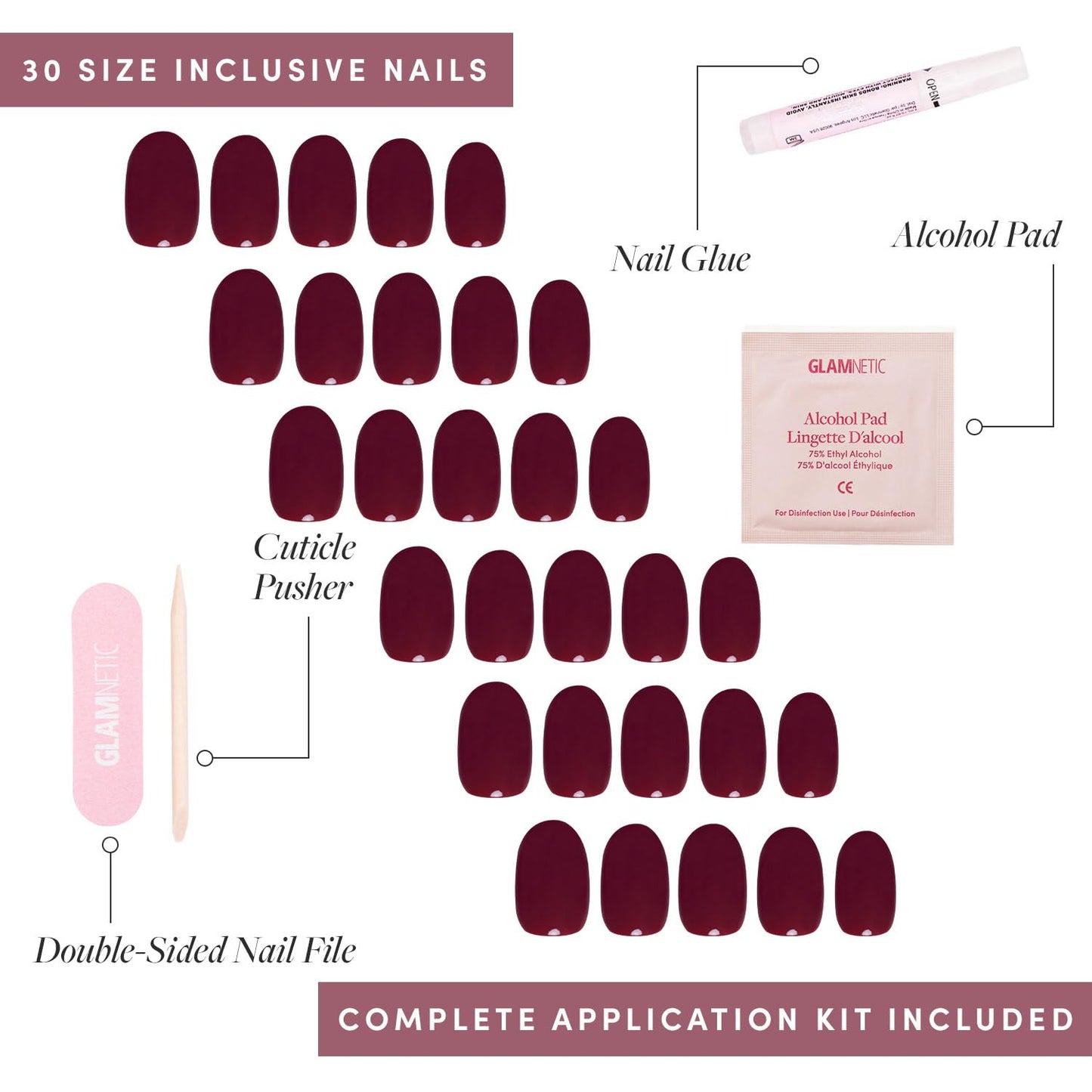 Glamnetic Press-On Nails Bundle - Fall Mauve & Berry Maroon | Opaque Muted Blush Mauve Short Oval False Nails | Opaque Dark Red Maroon Short Round False Nails | Reusable Nail Kit with Glue
