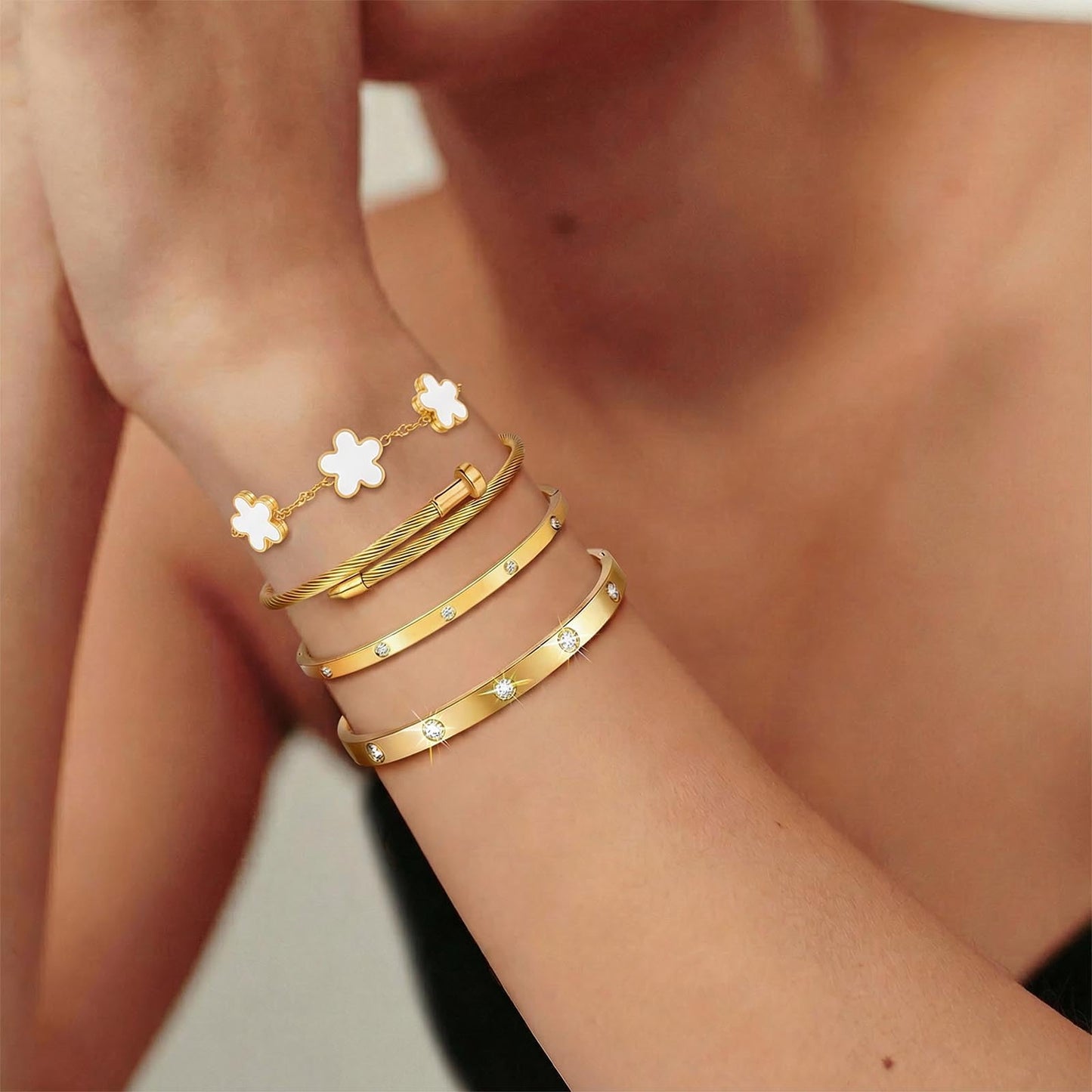 ISELBDR 18K Gold Bracelets for Women - Stackable Clover & Nail Love Bangle Set - Non-Tarnish Stainless Steel Jewelry for Valentine's, Mother's Day & Christmas (White)