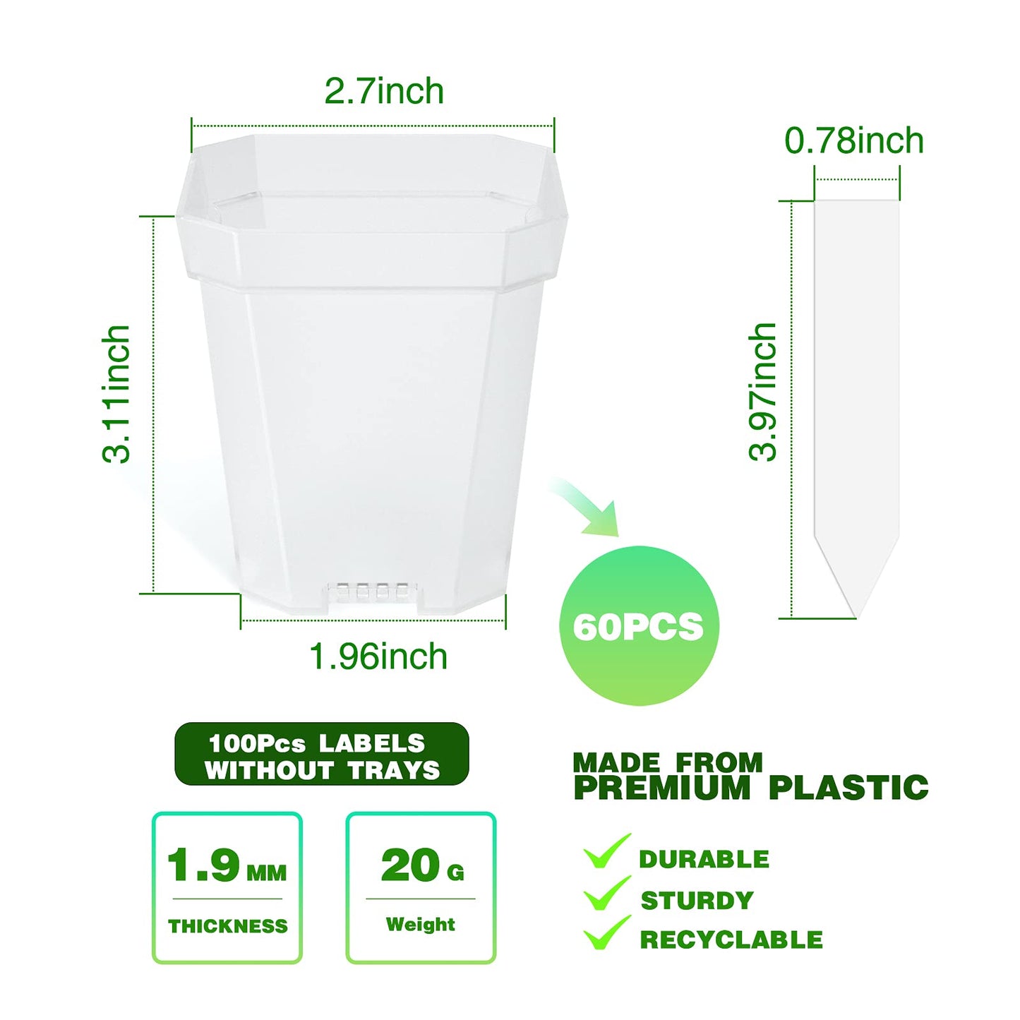 foxany 3" Clear Nursery Pot, 60 Pcs Thick Plastic Square Planting Pots Without Saucers, Plant Seedling Pots, Seed Starting Pots with 100Pcs Plant Labels