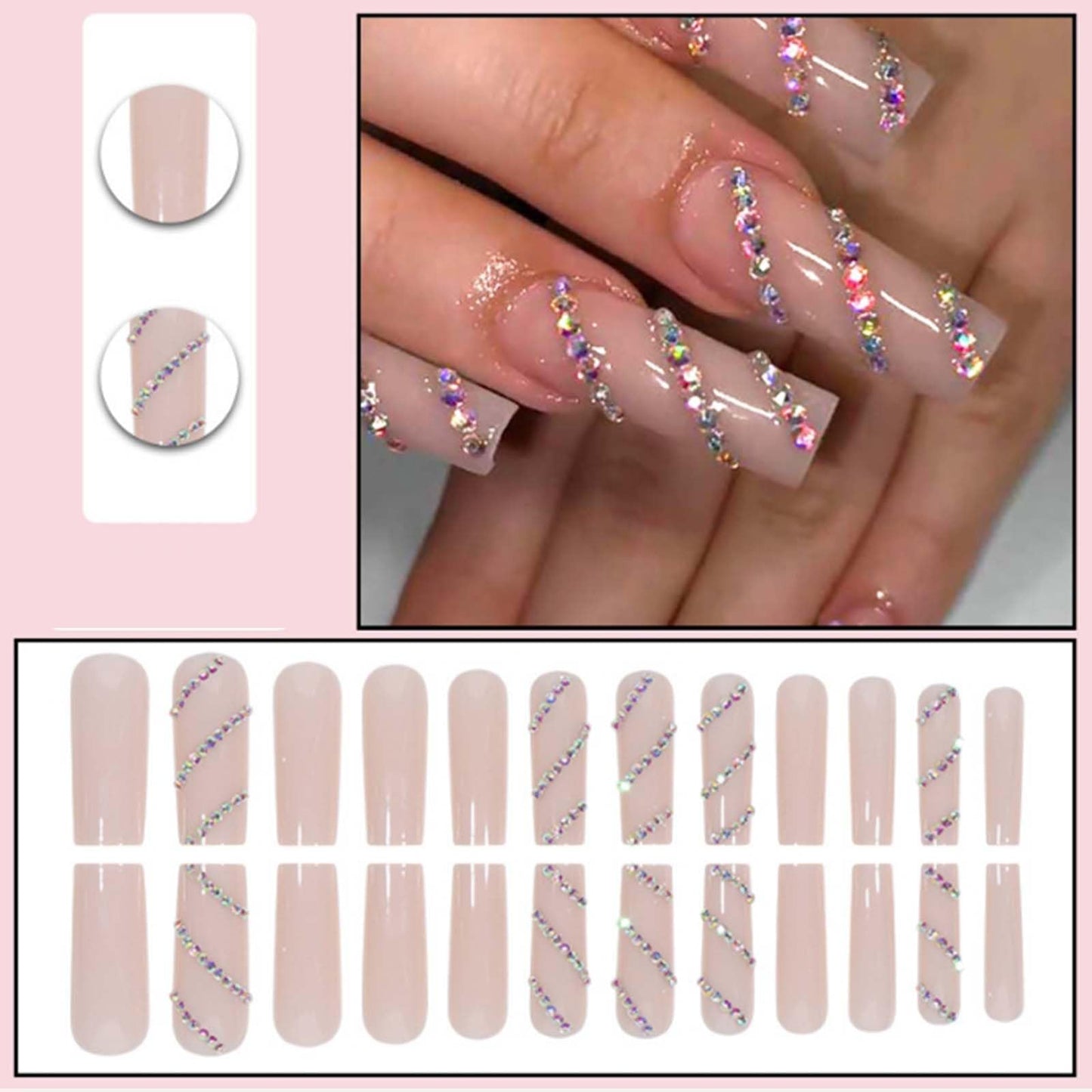 Gifiky Long Coffin Press on Nails Glitter Fake Nails Full Cover Nails Tips Nude Crystal Gem Design False Nails for Women and Girls 24Pcs