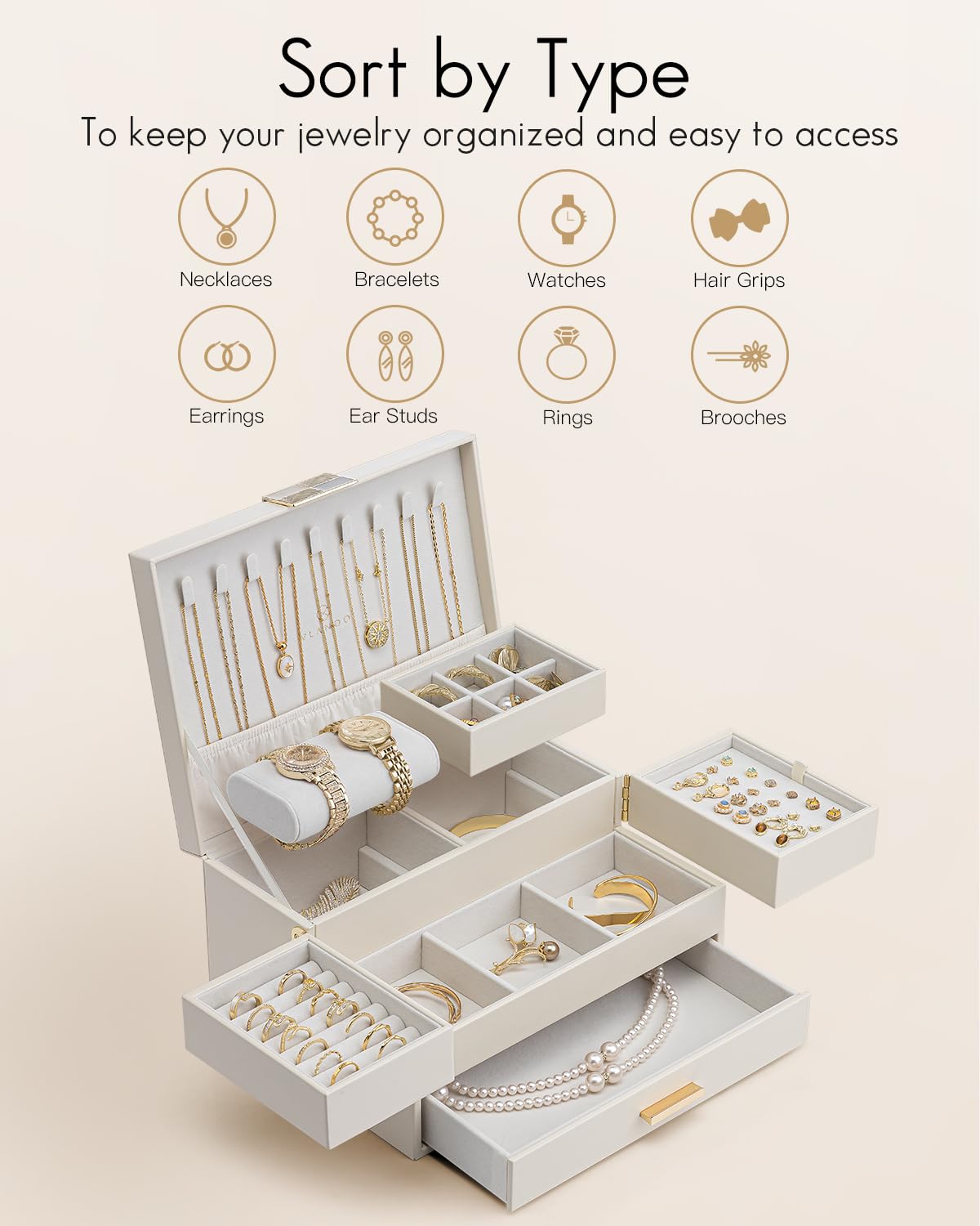 VLANDO 3 Layer Jewelry Box - Women Jewelry Box with Retractable Tray - Jewelry Organizers with Drawer for Necklaces, Rings, Bracelets, Earrings, Valentines Gift for Mom Girls - Cloud White