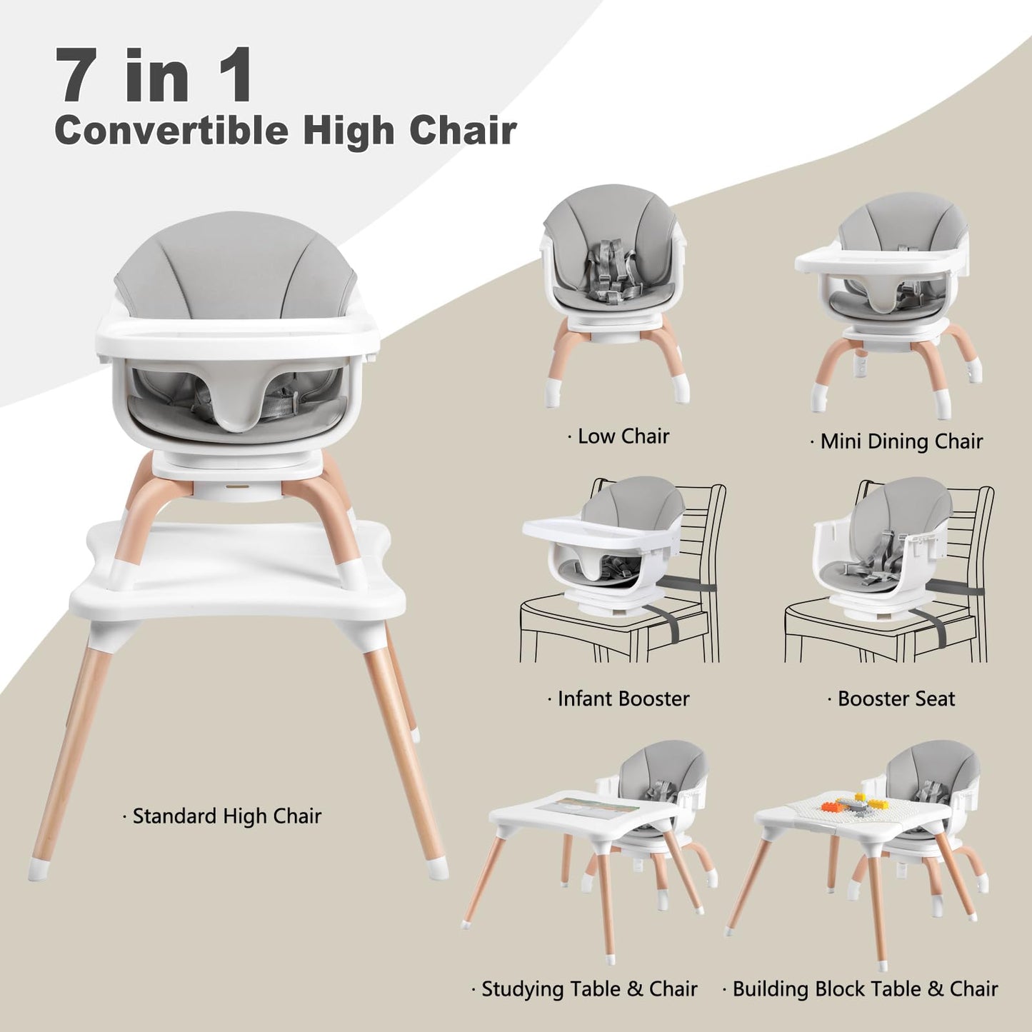 Komcot Baby High Chair, 7 in 1 Convertible High Chairs for Babies and Toddlers, Kids Learning Table, Building Block Table, Toddler Dining Chair with 360° Rotating Seat, 5-Point Safety Harness (Grey)