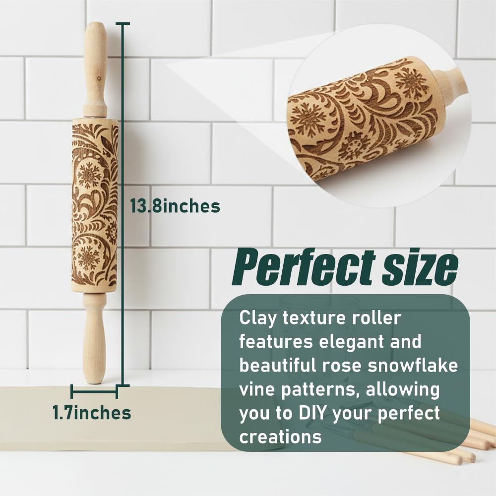 VOVCIG Clay Texture Rollers, Snowflake Vine Patterns Wooden Texture Roller for Clay, Suitable for DIY Pottery, DIY Clay Texture, and Handicrafts