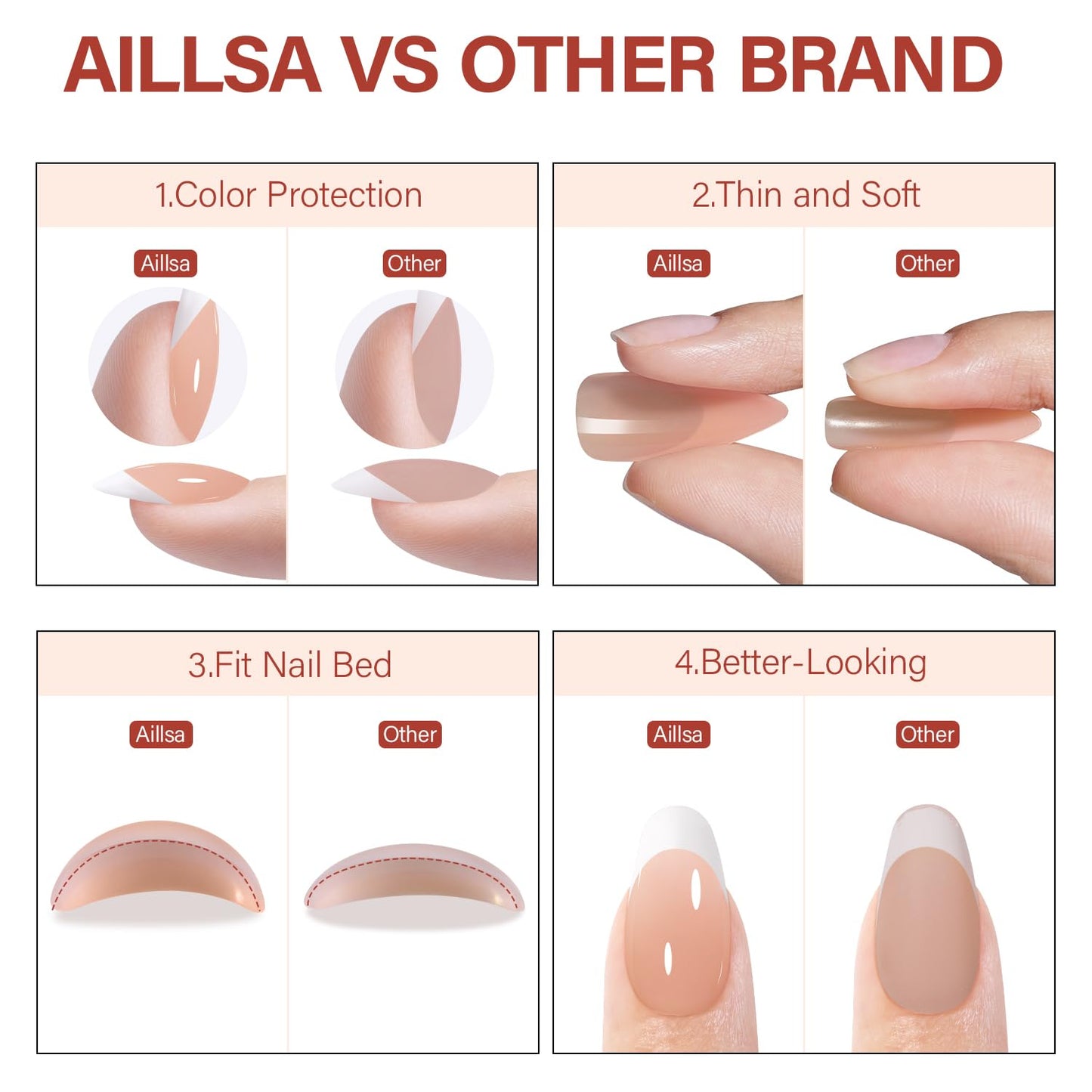 AILLSA French Gel Nail Tips, 180 Pcs French Tip Press on Nails Short Almond Brown, Pre-Applied Primer & Base Coat, No Need File, Soft Nail Tips, Fake Nails for Nail Art DIY 15 Sizes