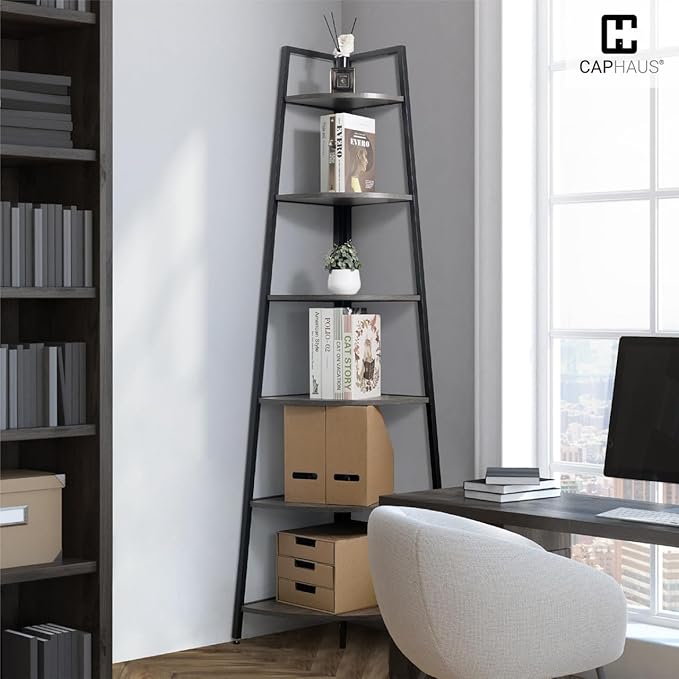CAPHAUS Tall Corner Shelf Stand, 6-Tier Display Shelves, Ladder Corner Wood Storage Plant Bookshelf with Metal Frame, Versatile Shelving Unit Bookcase for Home Office Space, Dark Grey