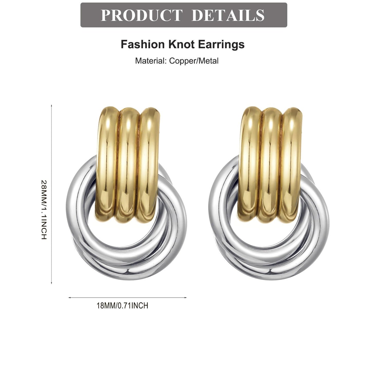 Gold Silver Earrings for Women, Mixed Metal Knot Earring, Two Tone Drop Dangle Earring, Chunky Gold Knotted Link Earring Jewelry