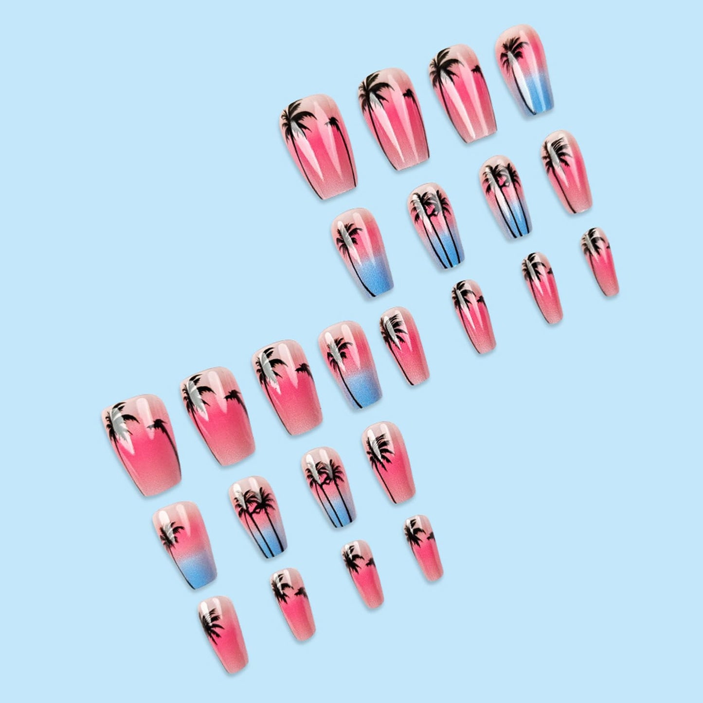 Summer Press on Nails Medium Coffin Fake Nails with Coconut Trees Design Glue on Nails Pink Sky Blue Sea False Nails Glossy Full Cover Stick on Nails Acrylic Artificial Nails for Women 24Pcs