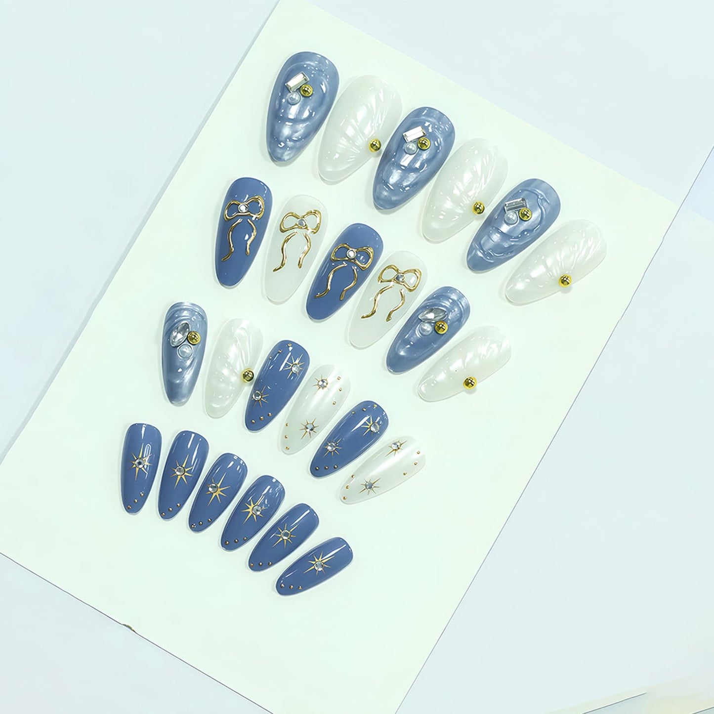 24Pcs Handmade Press on Nails Medium Almond French Tip Fake Nail with Bow Star Gilding Design Blue False Nails Full Cover Artificial Acrylic Rhinestones Nails Sparkling Stick on Nails for Women