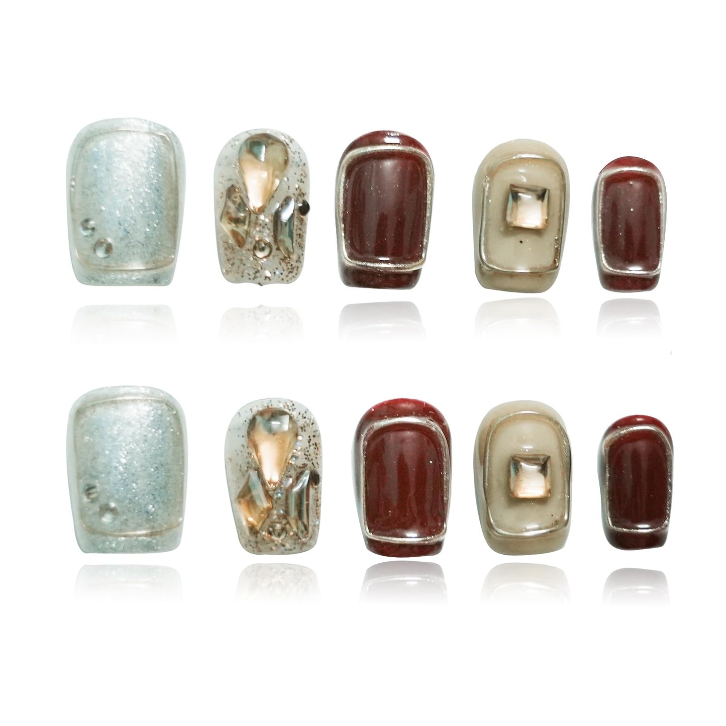 Tesytto Handmade 3D Press On Nails Short Coffin,New Year Valentine False Nails Burgundy Silver Glitter with Geometric Line Art & Hand-Set Rhinestones - 10Pcs Luxury Design (Fiery Red Lips,L)