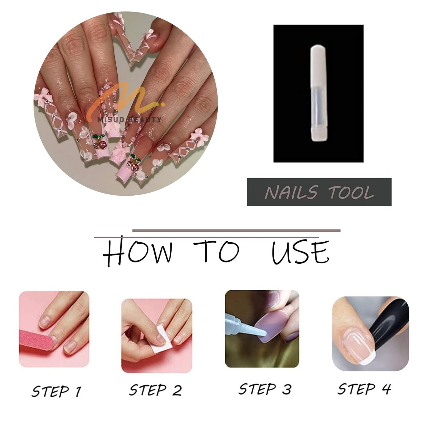 MISUD Press on Nails - Long Square Fake Nails with Pink, Acrylic Flower Cherry Design 24 pcs