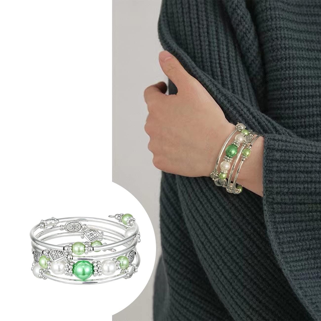 FULU AUTUMN Beaded Pearl Bangle Bracelets for Women Silver Wrap Bangles Bracelet Womens Costume Jewelry Fashion Gift(18-Green)