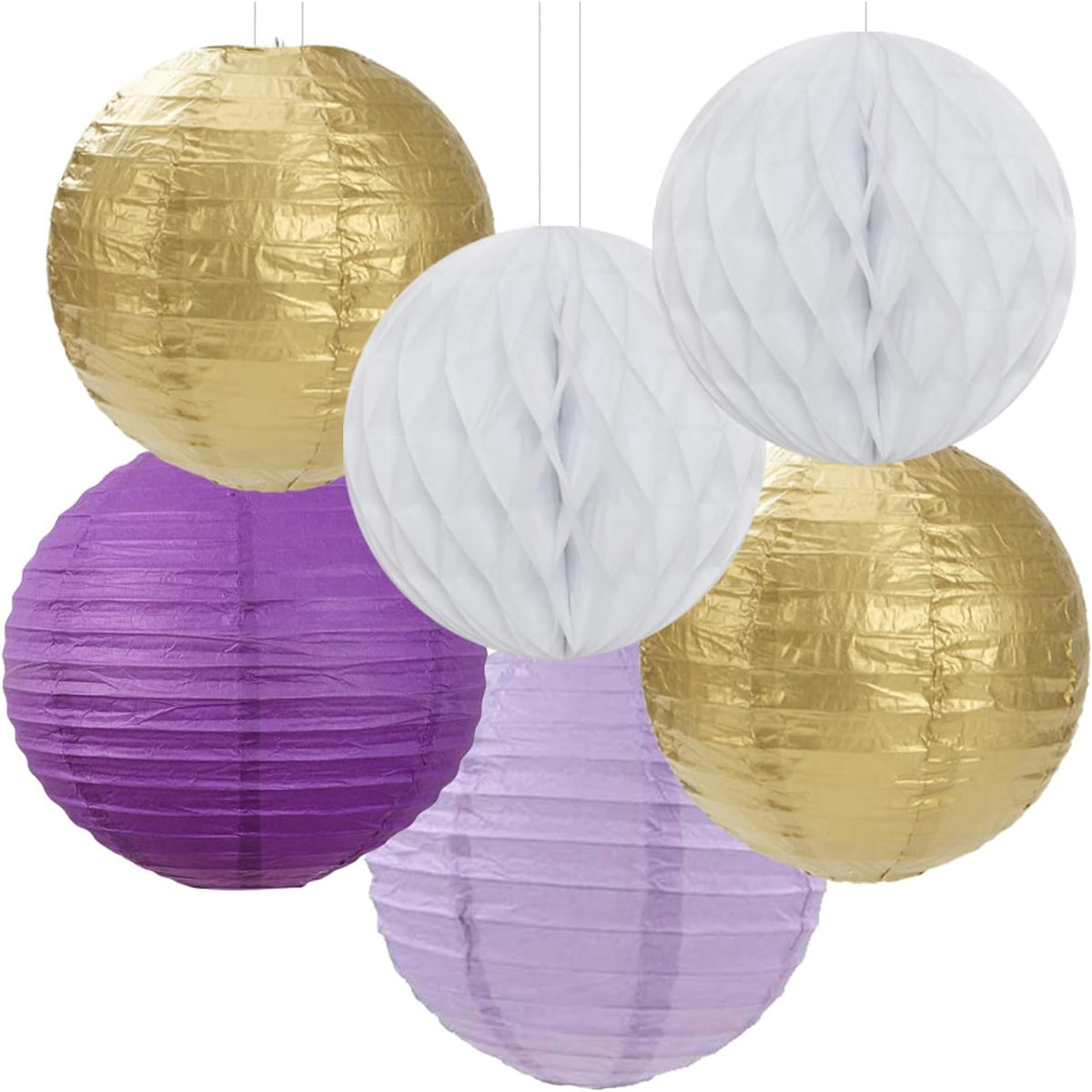 Purple-Gold Party Decorations Streamers Lanterns - 14pcs White Lavender Paper Fan Graduation Woman Birthday Wedding Bridal Shower Tissue Pom Poms,Honeycomb Balls Decor Ouruola