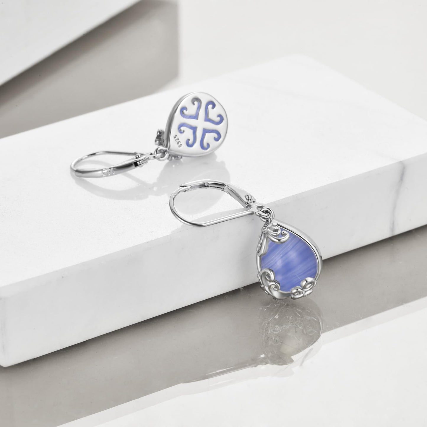 POPLYKE Blue Lace Agate Filigree Teardrop Drop Dangle Earrings Sterling Silver Crystal Leverback Earrings Jewelry for Women