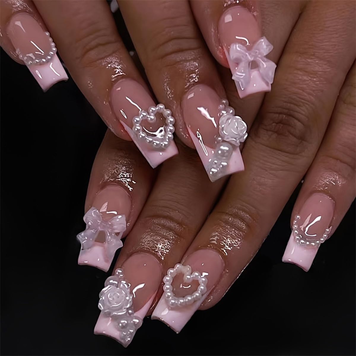 Coffin Press on Nails Medium - White French Tip Fake Nails with Bow Pearl Design - Heart Stick on Nails Press ons - for Women 24 Pcs