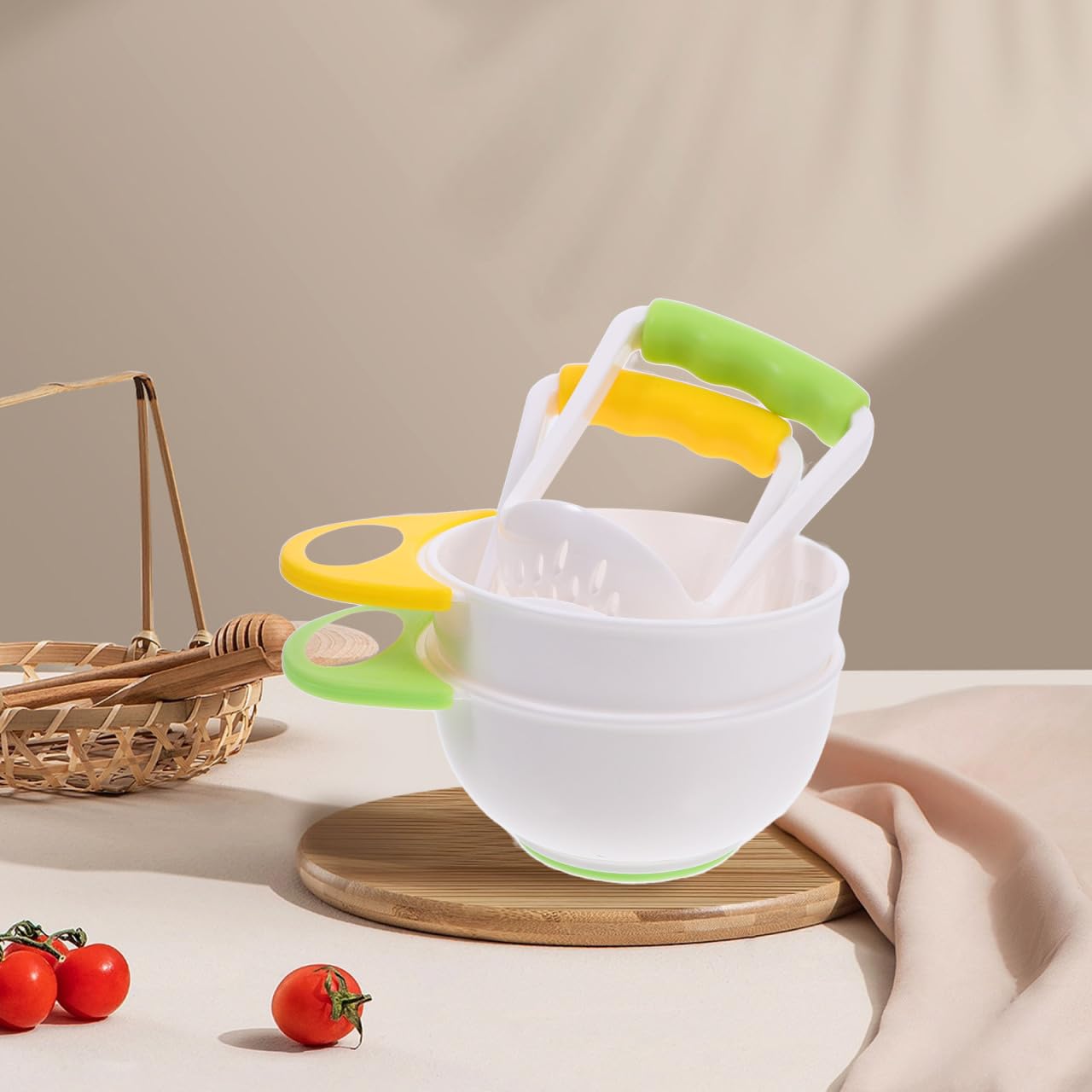 Baby Food Masher 2 Sets Mashing Bowl with Handle Masher, Manual Baby Food Grinder Bowl Set (Green, Yellow)