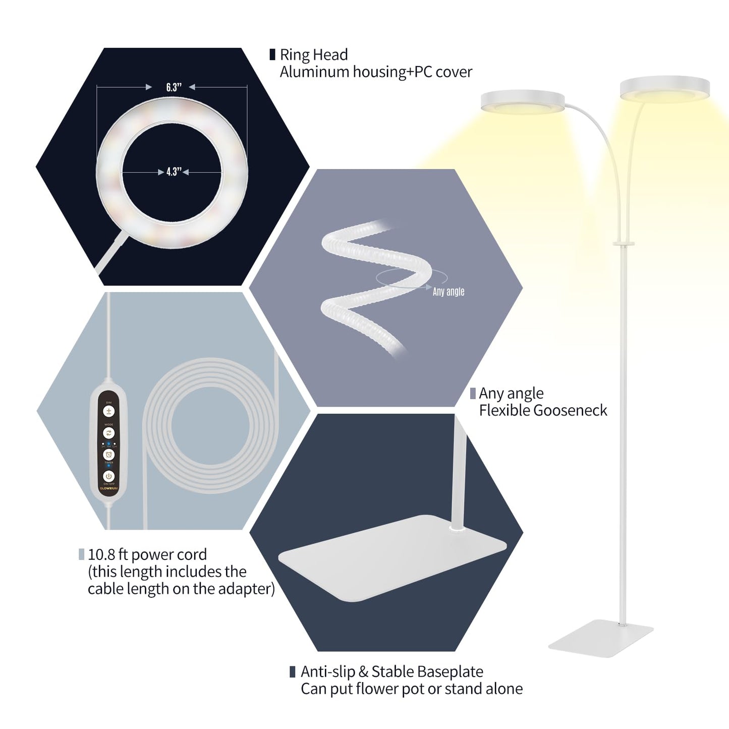 GLOWRIUM Grow Lights for Indoor Plants, 36W Full Spectrum 2-Head LED Plant Light with Stand, Adjustable Height, 3/9/12H Timer, 6 Dimmable Levels & 3 Lighting Modes (White-Double Head)