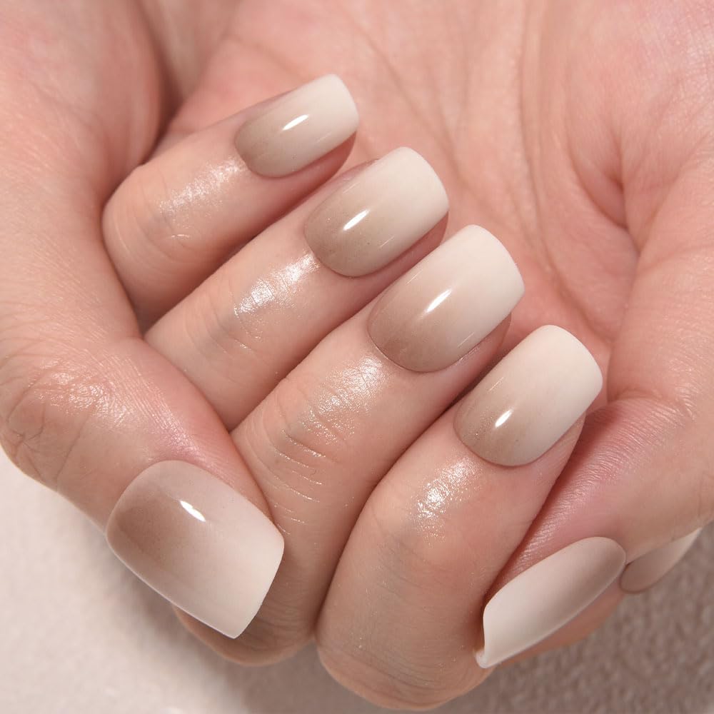 evpct Coffee Cream White Ombre Press on Nails Short Square, Short Square Glossy Stick on Nails for Women Gift with Manicure Kit, Reusable Soft Stick on Acrylic Fake Nail Press ons with Ombre Designs