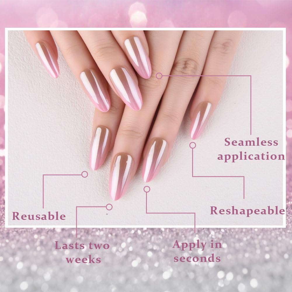 evpct Glazed Press On Nails Almond Medium, Ombre Nude to Pink, Chrome Glazed Glossy Medium Almond Fake False Press on Nails, Soft Gel Stick on nail Press ons with Nail Kit, Reusable Salon Quality