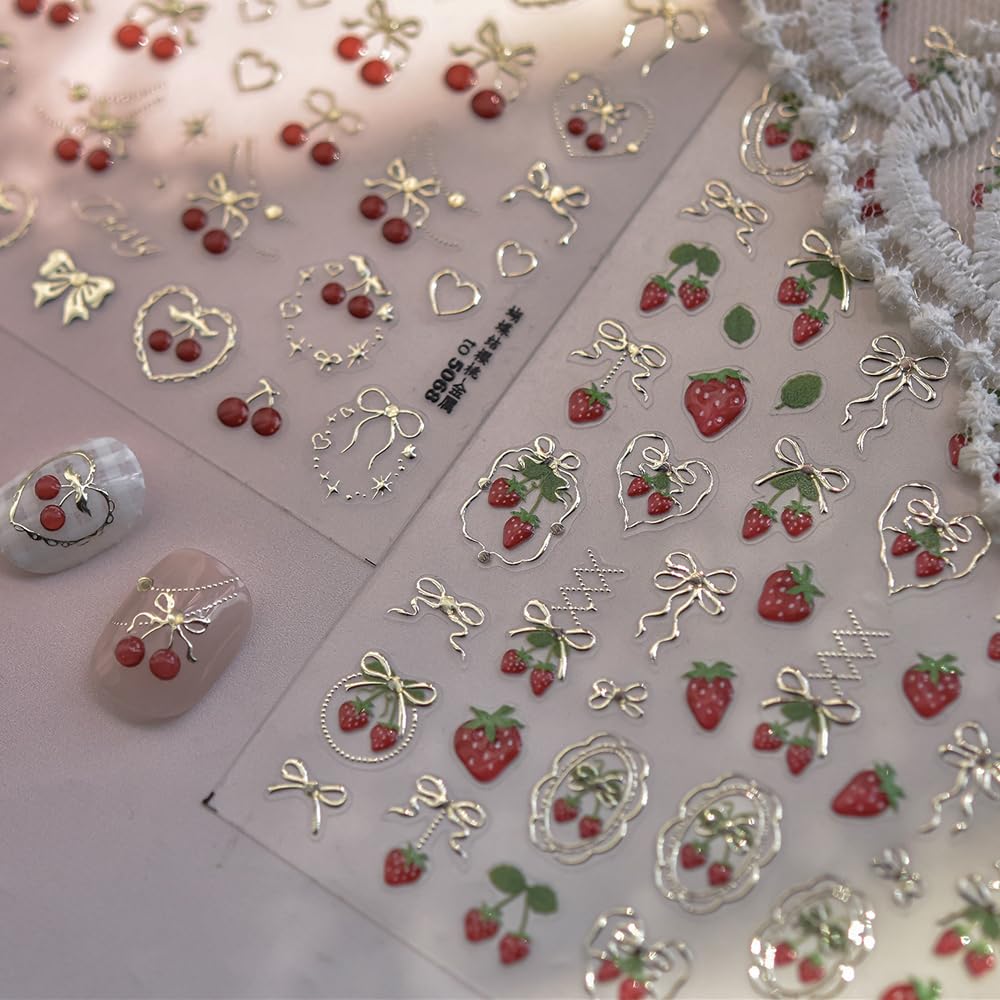 Strawberry Kiss Nail Stickers 5D Embossed – Premium Salon-Quality Nail Charm Accessories, Easy Application & Self-Adhesive Cute Berry Bowknot for DIY Manicure, Nail Art, Press on, Home or Salon Use