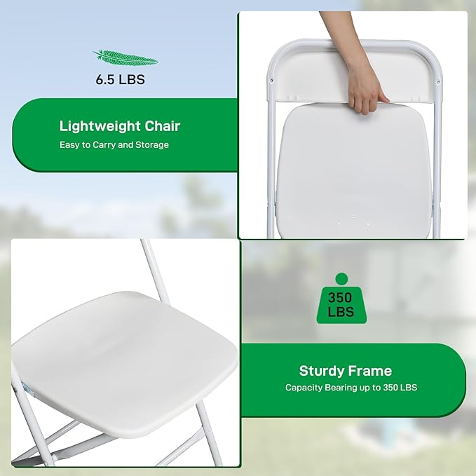 50 Pack White Plastic Folding Chairs, Portable Party Chairs, Stackable Commercial Seats with Steel Frame for Home Office Wedding Party Indoor Outdoor Events Chairs, 350lbs Capacity