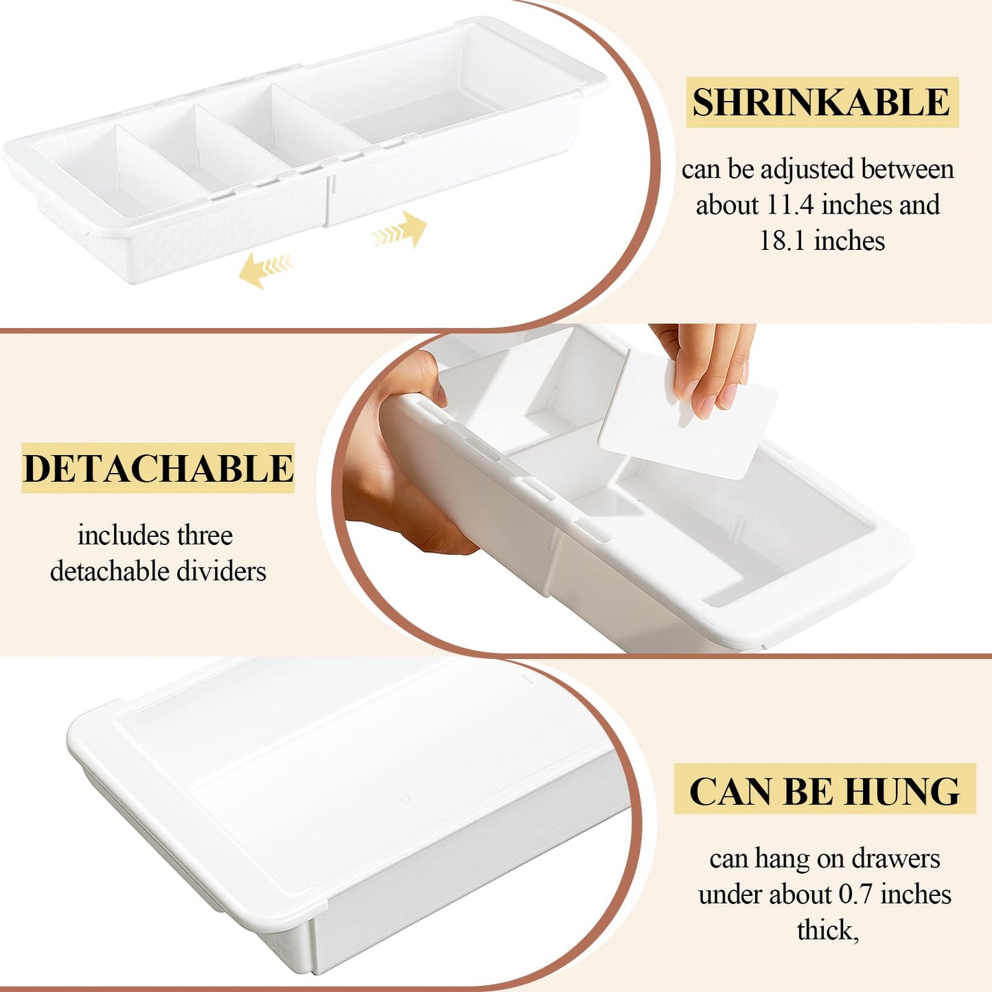 BrightRow 3 Pcs Expandable Drawer Organizer Bins Adjustable Deep Drawer Hanging Organizer Tray Expandable 11.4 to 18.1 Inches Plastic Dividers Storage for Office Bathroom Bedroom Kitchen Desk, White