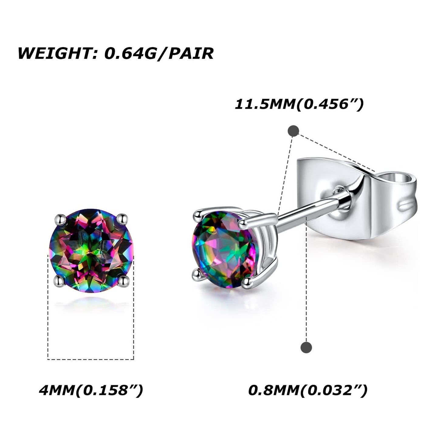 Created Rainbow Quartz Mystic Topaz 4mm Round Small Studs Ear Piercings Earrings 18K White Gold Plated CZ Stud Earingings Women Mens