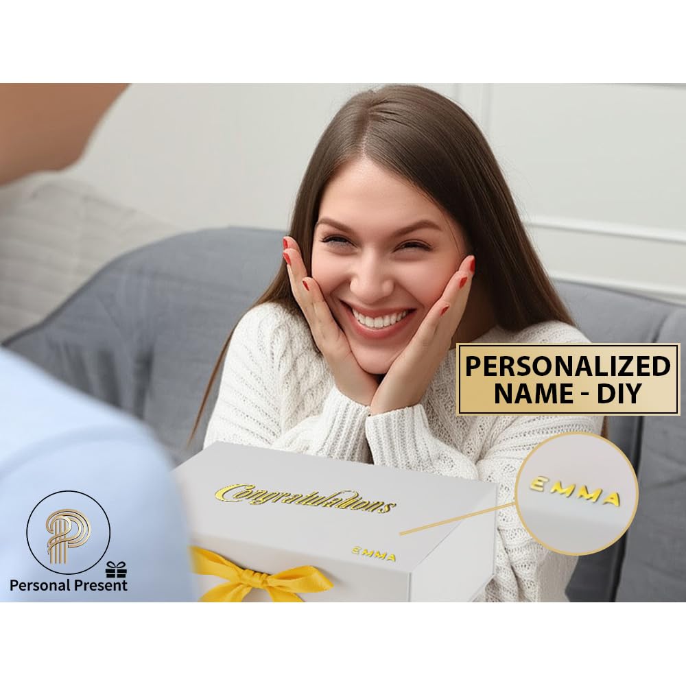 Medium Pack Of 3 Luxury White Gift Box 10x8x5 Inches – Personalized Mother's Name DIY Kit, Magnetic Lid & Bow – 3D “Congratulations” Text, Card & Bag – Mother's day, Birthdays, Weddings, Bridesmaid Proposals & More