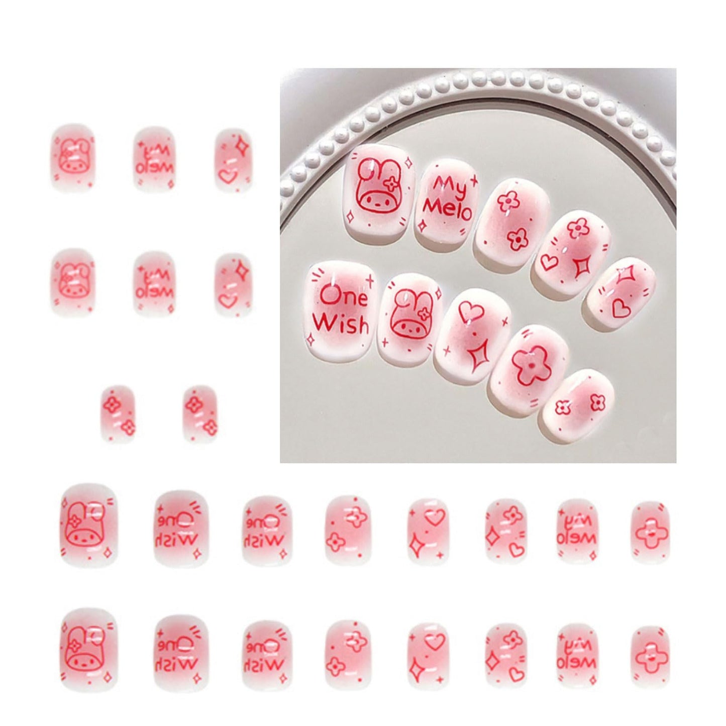 Generic 24PCS Pink Rabbit Short Press on Nails,Pink Press on Nails Short for Girls and Women,Fake Nails Kit with Glue Jelly Glue Stick Mini File and Wet Wipes