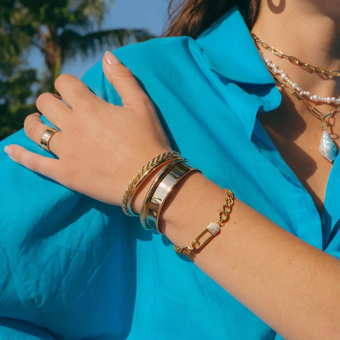 SOFYBJA Dainty 18K Gold Zircon Pin Cuban Chain Link Bracelet Personalized Adjustable Bracelet Layering Jewelry for Women