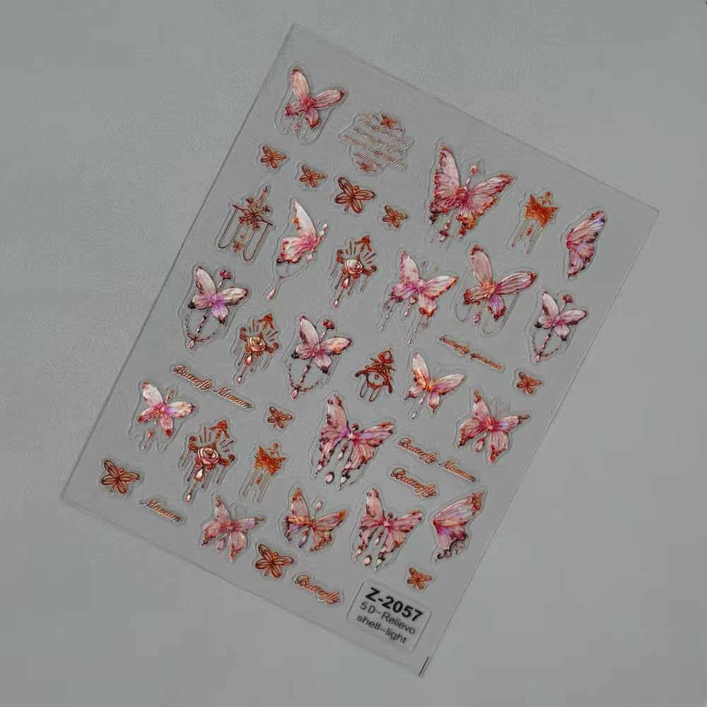 Butterfly Nail Art Stickers Decals Shell Light Butterfly Nail Decals 1PCS 5D Embossed Nail Stickers Bronzing Pink Design Spring Summer Manicure Accessories for Women DIY Nail Art Decorations