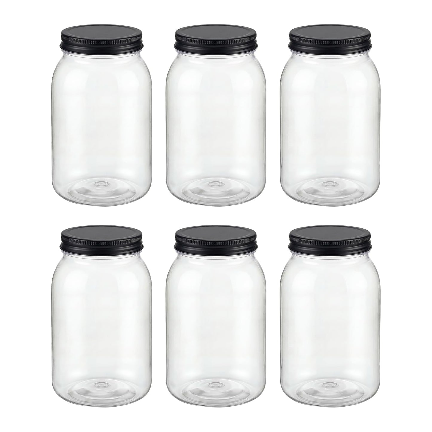 novelinks 32 oz Clear Plastic Jars with Lids, 6 Pack Large Plastic Mason Jars with Lids 32oz, Reusable Quart Containers for Kitchen Organization (6 Pack,Black)