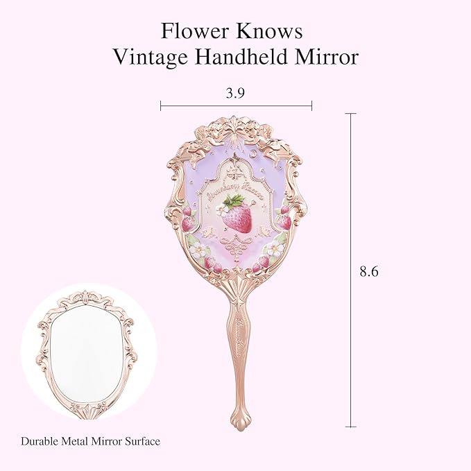 Flower Knows Violet Strawberry Rococo Hand Mirror,Vintage Portable Handheld Mirror,Fancy & Pretty Princess Mirror with Long Handle,Gift for Girls(Wisteria Purple)