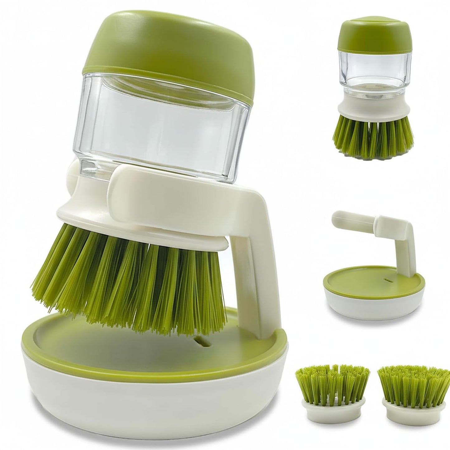 Good Grips Soap Dispensing Palm Brush, Dish Scrub Brush, Kitchen Brushes for Dishes, Kitchen Brush with Holder for Pot Pan Sink Cleaning (Green)