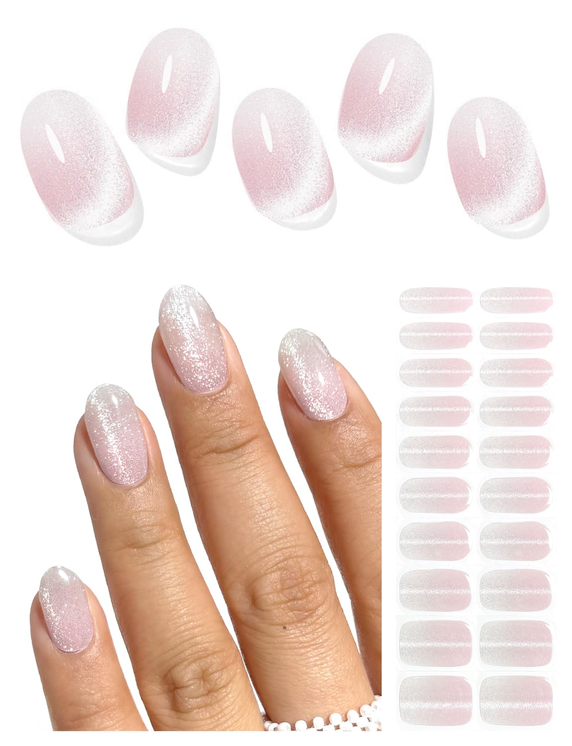 AutyaMee Semi Cured Gel Nail Strips (Crystal Cat Eye), Pink Omber, 20 Pcs Gel Nail Wraps, Stickers, UV Light Required, Salon Quality, Long Lasting