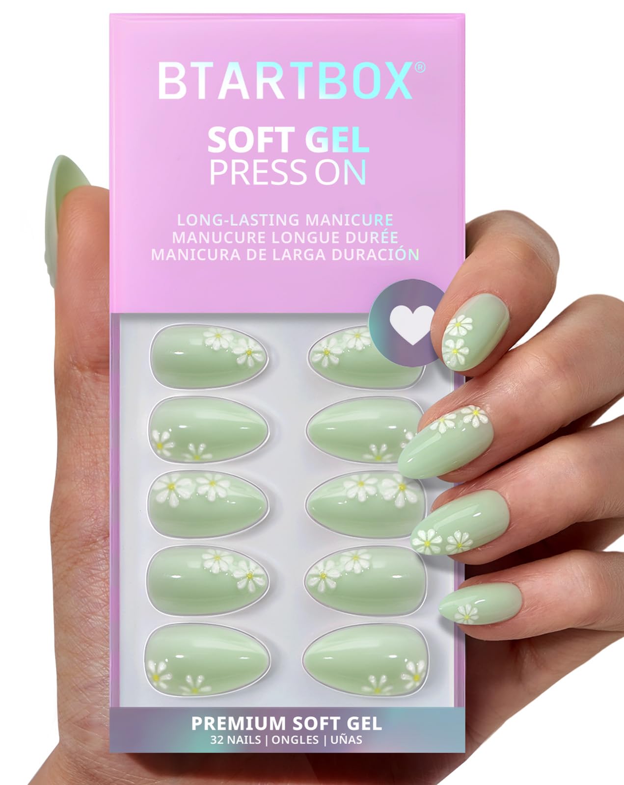 BTArtbox Press On Nails Short - Meadow Daisy, Easy-to-Apply 3D Flower Pastel Green Almond Press On Nails with Glue and Adhesive Tabs in 16 Sizes - 32 Nails All-in-One Kit