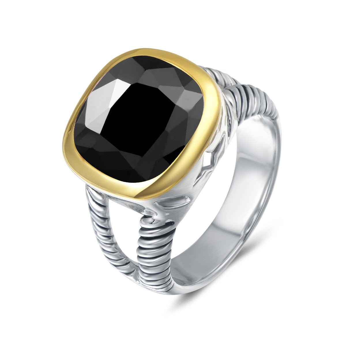 UNY JEWEL Twisted Cable Wire Two Tone Cusion Cut CZ Statement Ring Designer Inspired Fashion Love Antique Women Jewelry Gift (Black, 7)