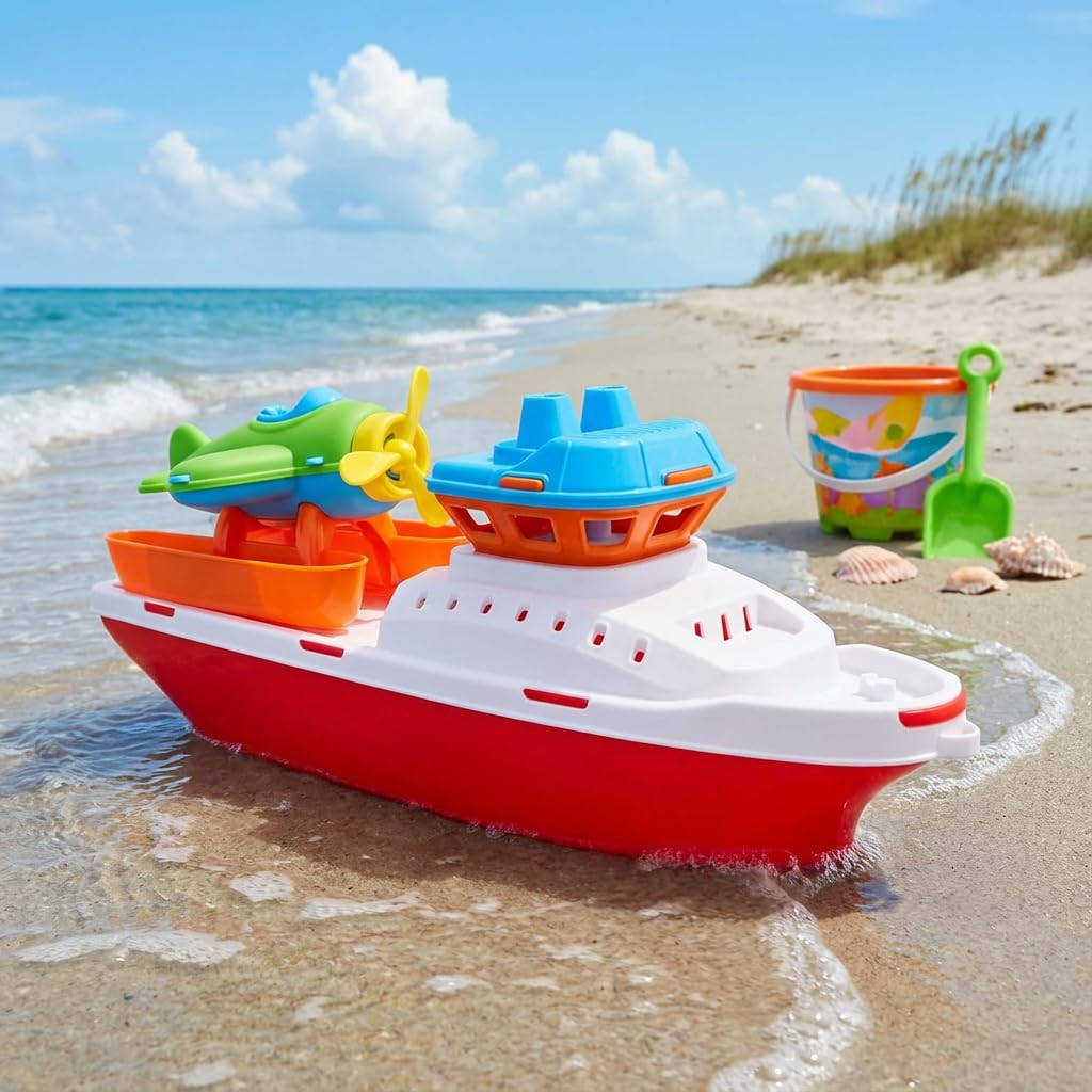 Toyland® 17" Floating Tugboat with Seaplane - Durable Water, Pool and Bathtub Toy for Kids 24 Months Plus - Non-Toxic & Easy Clean Plastic Boat