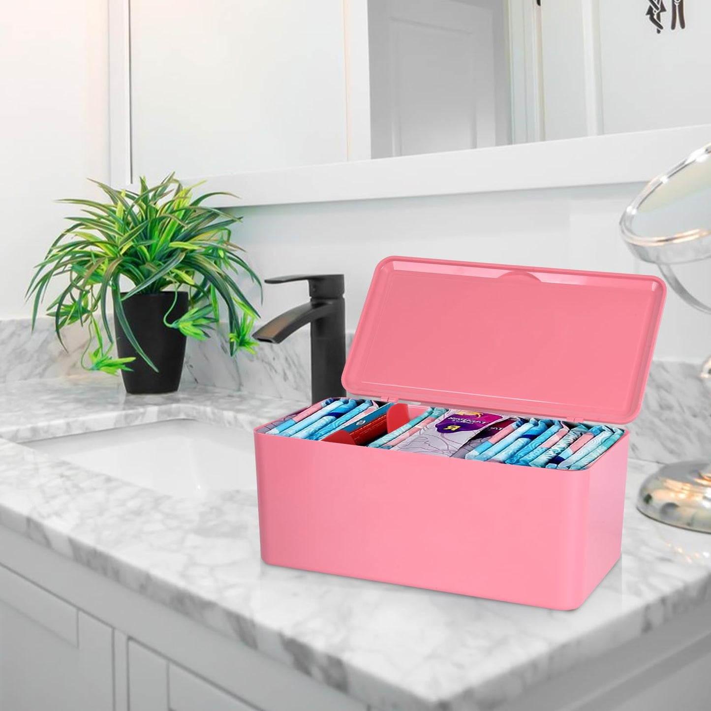 ChengFu Pad and Tampon Organizer for Bathroom,Sanitary Napkin Holder, Pad and Tampon Organizer for Period, Sanitary Napkin Storage Container, Light Pink