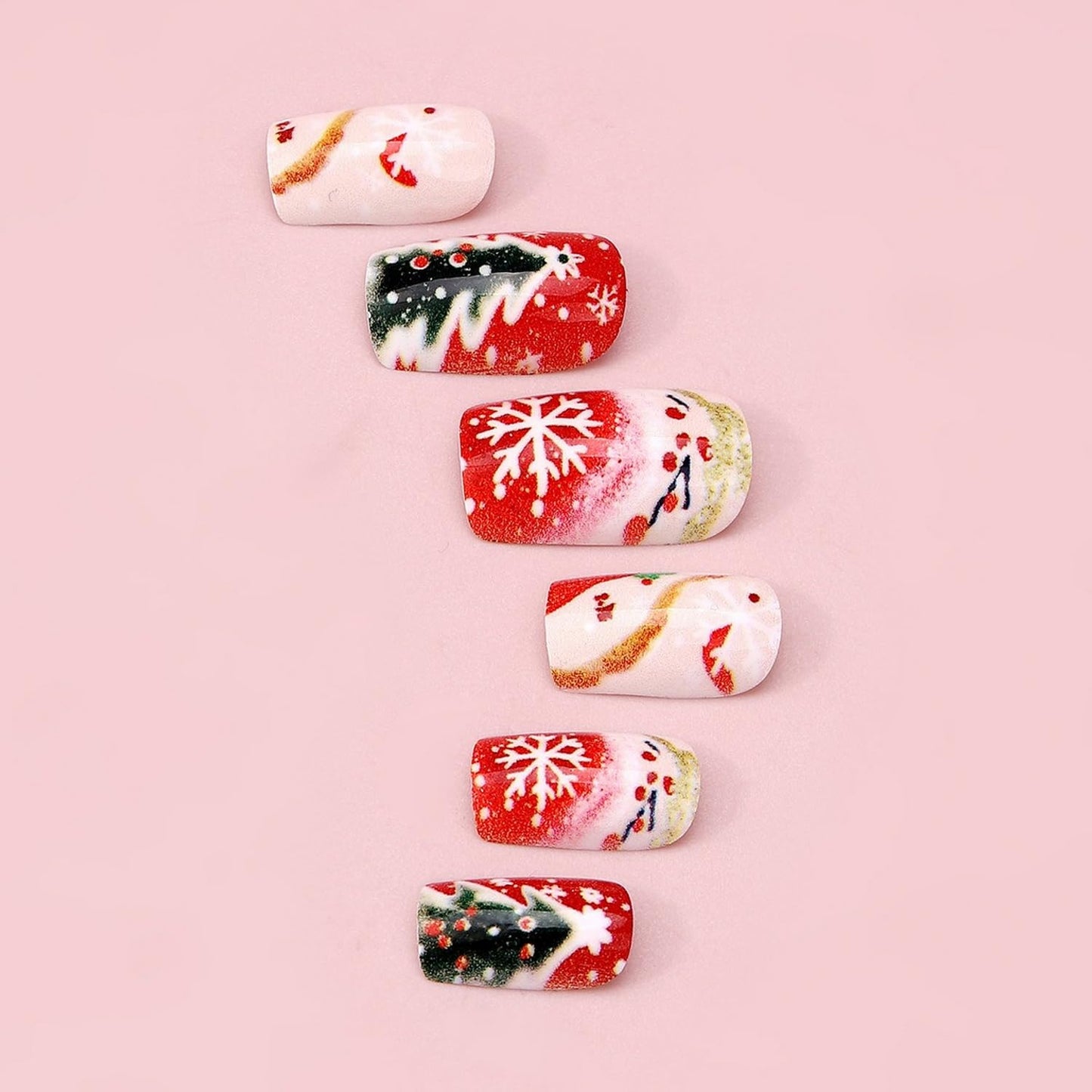 Christmas Press on Nails Medium Square Fake Nails Red with Design Xmas Tree Snowflake Gold Striped Acrylic Nails Full Cover Xmas Nail for Women Manicure 24Pcs