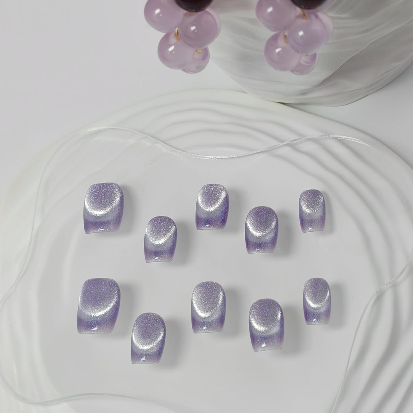 Cat Eye Press on Nails Handmade Short Oval/Square/Round False Nails with French Tip/Aurora/Magnetic Shimmer Designs (French#Grape Pop Rocks, Small)