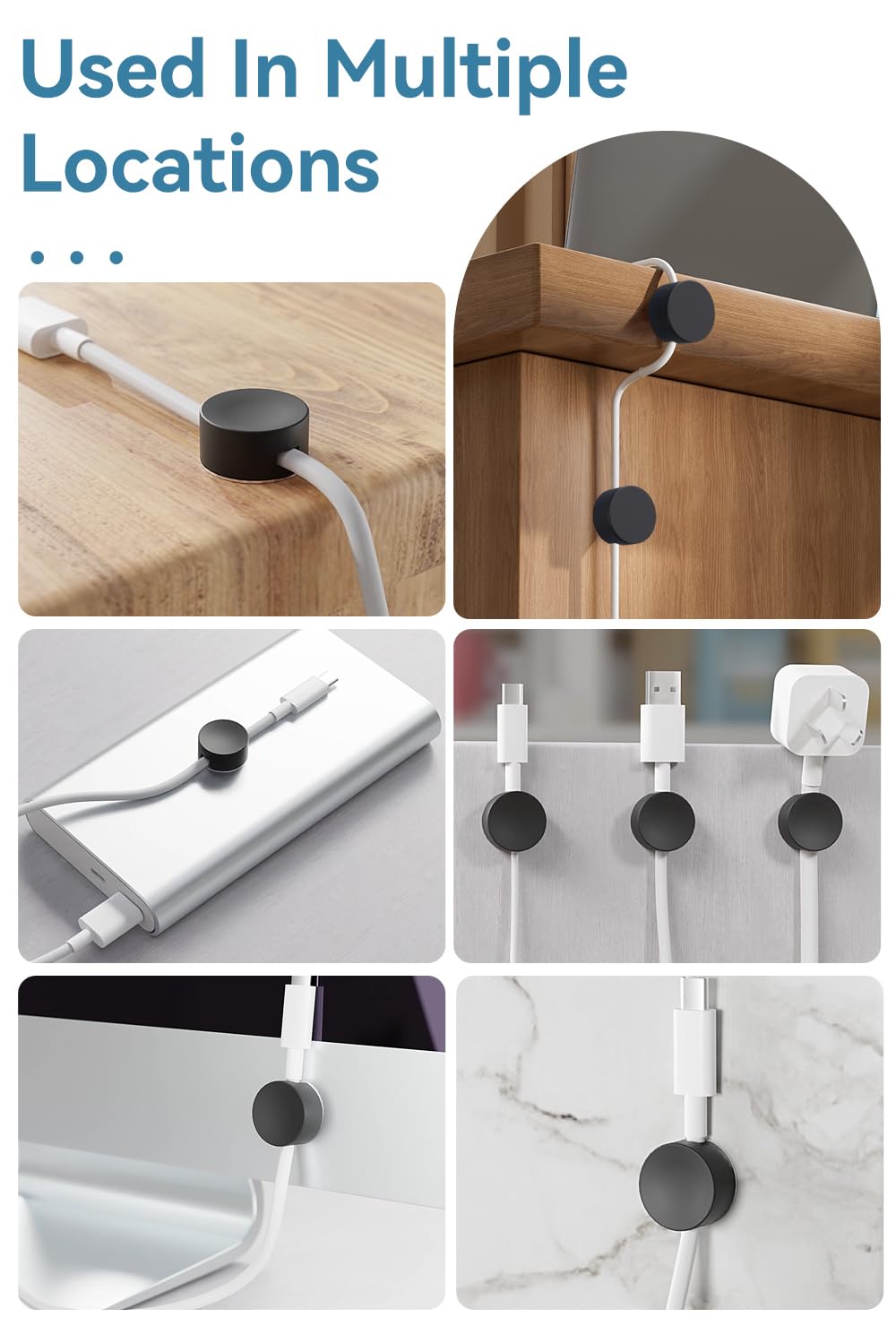 Maveek Magnetic Cord Clips Black, Silicone Cord Organizer Magnet Cable Holder Charging Cable Management Cord Keeper with Adhesive Metal Disc (5 Piece, Large Size)