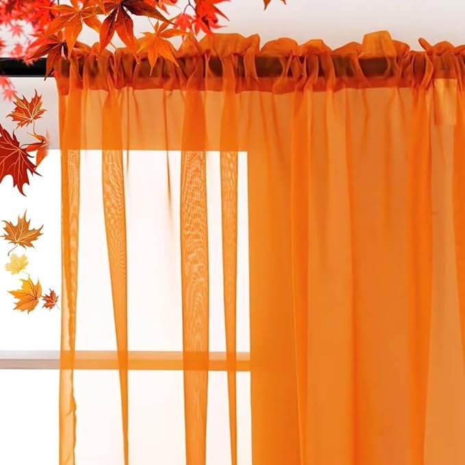 SpaceDresser Basic Rod Pocket Sheer Voile Window Curtain Panels Orange 2 Panels 52 Width 90 Inch Long for Kitchen Bedroom Children Living Room Yard(Orange,52 W x 90 L)