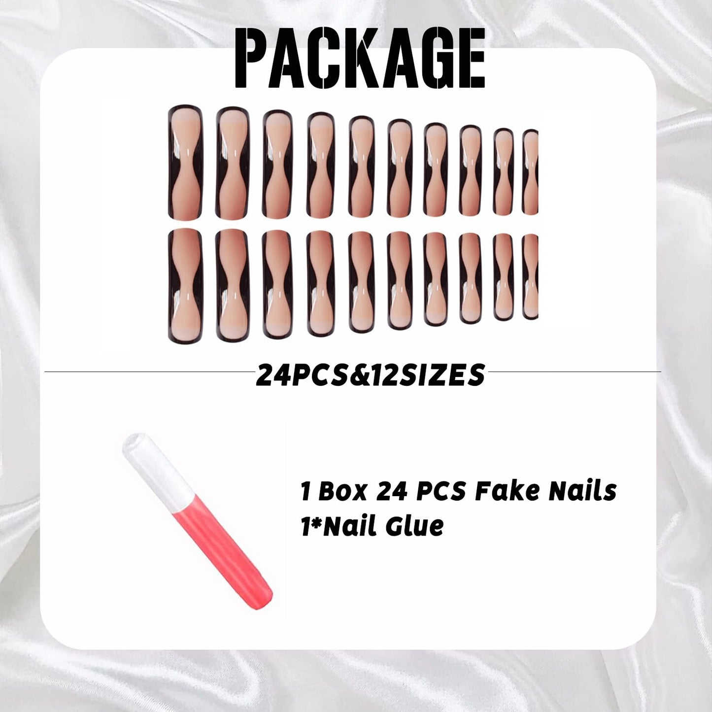 IMSOHOT Black French Tips Press on Nails Extra Long Curved Fake Nails Nude Glossy Glue on Nails Full Cover Acrylic Artificial Fake Nails